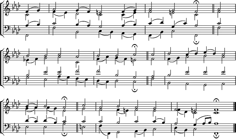 
\new ChoirStaff <<
  \new Staff { \clef treble \time 4/2 \key f \minor \partial 2 \set Staff.midiInstrument = "church organ" \omit Staff.TimeSignature \set Score.tempoHideNote = ##t \override Score.BarNumber  #'transparent = ##t
  \relative c'
  << { f4( g) | aes2 g4( f) e2 f4( g) | aes2 g f \fermata \bar"||" aes \break
       bes bes c aes | bes bes c \fermata \bar"||" c | des c4( des) es( des) c2 \break
       bes4( aes) bes2 aes \fermata \bar"||" c | aes bes aes g | f e f1 \fermata \bar"|." } \\
  { c2 | f4( es) des2 c c4( e) | f2 e c f
    es!4( f) g2 aes c, | f4( aes) g( f) e2 f | f4( g) aes2 bes aes
    g4( aes) aes( g) es2 g | f f4( e) f2 e | f4( des) c2 1 } >>
  }
\new Staff { \clef bass \key f \minor \set Staff.midiInstrument = "church organ" \omit Staff.TimeSignature 
  \relative c'
  << { aes4( bes) | c2 bes4( aes) g2 aes4( bes) | c( des) g,( c) aes2 c
       bes es es f | f bes, g aes | bes es es es
       des4( c) des( bes) c2 c | c bes c c4( bes) | aes2 g4( aes8 bes) aes1 } \\
  { f,2 | f' bes, c4( bes) aes( g) | f( bes) c2 f, \fermata f'
    g es aes4( g) f( es) | des( c) des2 c \fermata f | bes, aes g aes
    es' es aes \fermata e | f4( f,) g2 aes4( bes) c2 | des4( bes) c2 f,1 \fermata } >>
  } 
>>
\layout { indent = #0 }
\midi { \tempo 2 = 46 }

