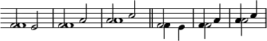 {
\override Score.Clef #'stencil = ##f
\override Score.TimeSignature #'stencil = ##f
<<
\relative f' {
f2 e f a a c \bar "||" \time 2/4 f, \stemDown f a
}
\\
\relative c' {
f1 f a \bar "||" \time 2/4 f4 e \stemUp f a a c
}
>>
}