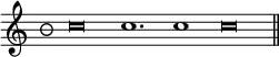 { \override Score.TimeSignature #'style = #'neomensural \time 3/2 \cadenzaOn \override NoteHead #'style = #'baroque c''\breve c''1. c''1 c''\breve \bar "||" }