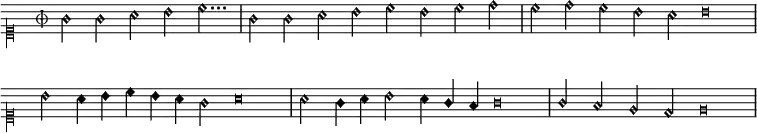
\new Staff \relative {
  \clef "mensural-c1" 
  \override Staff.TimeSignature.style = #'mensural
  \time 9/8
  \override NoteHead.style = #'harmonic-mixed
  \set Timing.measureLength = #(ly:make-moment 47/16)
  \override Score.BarNumber.break-visibility = ##(#f #f #f)
  \stemDown
  g'2 g a b c2...
  \set Timing.measureLength = #(ly:make-moment 8/2)
  g2 g a b c b c d
  \set Timing.measureLength = #(ly:make-moment 9/2) 
  c d c b a \override NoteHead.style = #'petrucci b\breve
  \override NoteHead.style = #'harmonic-mixed
  \set Timing.measureLength = #(ly:make-moment 17/4)
  b2 a4 b c b a g2 \override NoteHead.style = #'petrucci a\breve 
  \override NoteHead.style = #'harmonic-mixed
  \set Timing.measureLength = #(ly:make-moment 17/4)
  a2 g4 a b2 a4 \stemUp g f \override NoteHead.style = #'petrucci g\breve
  \override NoteHead.style = #'harmonic-mixed
  \set Timing.measureLength = #(ly:make-moment 8/2)
  g2 f e d \override NoteHead.style = #'petrucci e\breve
}
