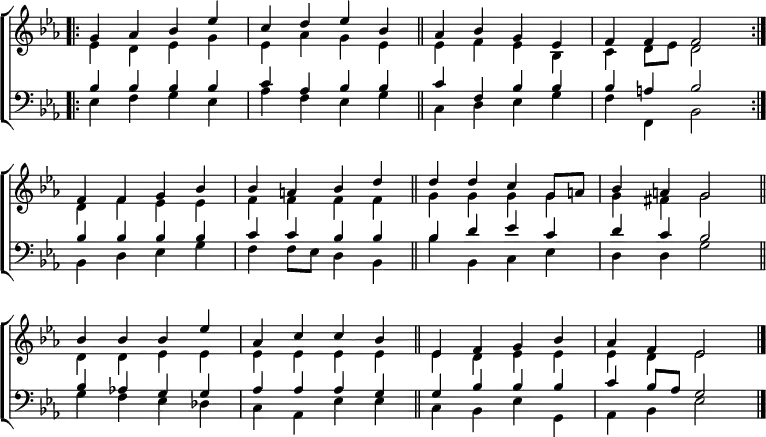 
\new ChoirStaff <<
  \new Staff { \clef treble \time 4/4 \key es \major \set Staff.midiInstrument = "church organ" \omit Staff.TimeSignature \set Score.tempoHideNote = ##t \override Score.BarNumber  #'transparent = ##t 
  \relative c''
  << { \bar".|:" g4 aes bes es | c d es bes | \bar"||" aes bes g es | f f f2 \bar":|." \break
       f4 f g bes | bes a bes d \bar"||" d d c g8 a | bes4 a g2 \bar"||" \break
       bes4 bes bes es | aes, c c bes \bar"||" es, f g bes | aes f es2 \bar"|." } \\
  { es4 d es g | es aes g es | es f es bes | c d8 es d2 |
    d4 f es es | f f f f | g g g g | g fis g2 |
    d4 d es es | es es es es | es d es es | es d es2 } >>
  } 
\new Staff { \clef bass \key es \major \set Staff.midiInstrument = "church organ" \omit Staff.TimeSignature  
  \relative c'
  << { bes4 4 4 4 | c aes bes bes | c f, bes bes | bes a bes2 |
       4 4 4 4 | c c bes bes | bes d es c | d c bes2 |
       bes4 aes! g g | aes aes aes g | g bes bes bes | c bes8 aes g2 } \\
  { es4 f g es | aes f es g | c, d es g | f f, bes2 |
    bes4 d es g | f f8 es d4 bes | bes' bes, c es | d d g2 |
    g4 f es des | c aes es' es | c bes es g, | aes bes es2 } >>
  } 
>>
\layout { indent = #0 }
\midi { \tempo 4 = 120 }
