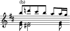 { \override Score.TimeSignature #'stencil = ##f \key d \major \relative b'' << { b8 d! cis b a a16 g } \\ { <g, e>8^"(b)" <fis dis>2 <g e>8 } >> }
