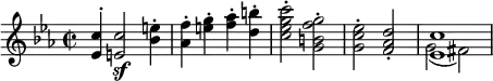 { \relative c'' { \key c \minor \time 2/2
<c ees,>4^. <c e,>2\sf <e bes>4^. |
<f aes,>-. <g e>-. <aes f>-. <b d,>-. |
<c g ees c>2-. <g f b, g>-. | <ees c g>-. <d aes f>-. |
<< { <c ees,>1 } \\ { g2( fis) } >> } }