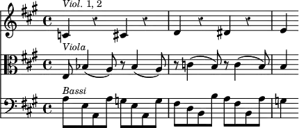 { \override Score.Rest #'style = #'classical \time 4/4 \key a \major << \relative c' { c4^\markup { \smaller { \italic Viol. 1, 2 } } r cis r | d r dis r | e }
\new Staff { \clef alto \key a \major \relative e { e8^\markup { \smaller \italic Viola } bes'4( a8) r bes4( a8) | r c4( b8) r c4( b8) | b4 } }
\new Staff { \clef bass \key a \major \relative a { a8^\markup { \smaller \italic Bassi } e a, a' g e a, g' | fis d b b' a fis b, a' | g4 } } >> }