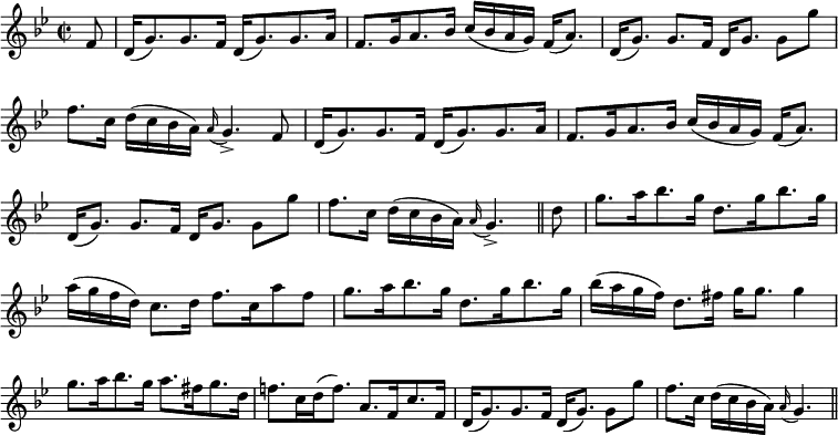 { \relative f' { \key g \minor \time 2/2 \partial 8 \override Score.BarNumber #'break-visibility = #'#(#f #f #f)
 f8 |
 \repeat unfold 2 {
  d16( g8.) g f16 d( g8.) g a16 |
  f8. g16 a8. bes16 c( bes a g) f[( a8.]) | %eol1
  d,16([ g8.)] g f16 d g8. g8[ g'] | f8.[ c16] d( c bes a) }
 \alternative {
  { \appoggiatura a16 g4._> f8 }
  { \appoggiatura a16 g4._> } } \bar "||"
 d'8 | g8. a16 bes8. g16 d8. g16 bes8. g16 |
 a( g f d) c8.[ d16] f8. c16 a'8 f | %eol5
 g8. a16 bes8. g16 d8. g16 bes8. g16 |
 bes( a g f) d8.[ fis16] g g8. g4 | %eol6
 g8. a16 bes8. g16 a8. fis16 g8. d16 |
 f!8. c16 d( f8.) a,8. f16 c'8. f,16 | %eol7
 d16( g8.) g f16 d( g8.) g8[ g'] |
 f8.[ c16] d( c bes a) \appoggiatura a16 g4. \bar "||" } }
