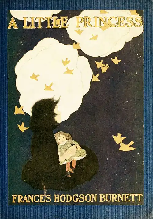 A little girl with a doll seated in a dark green field. Looking up pensively at a stylistic representation of clouds and birds, done in white and gold.