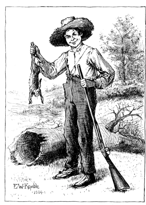 Huckleberry Finn holding a shotgun and dead rabbit