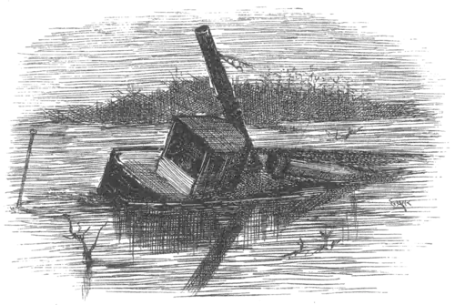 wrecked boat half-sunk in river