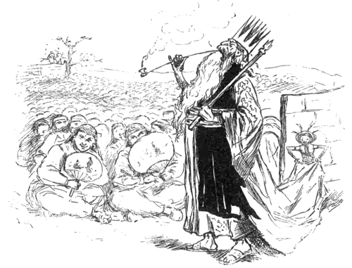 king standing, with many wives sitting on ground before him