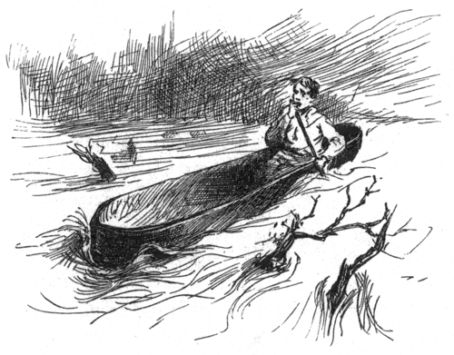 boy in canoe amidst river debris