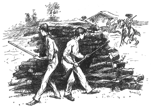 men with guns, hiding behind a wood pile