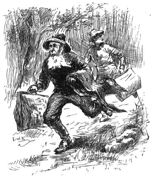 two men running through woods