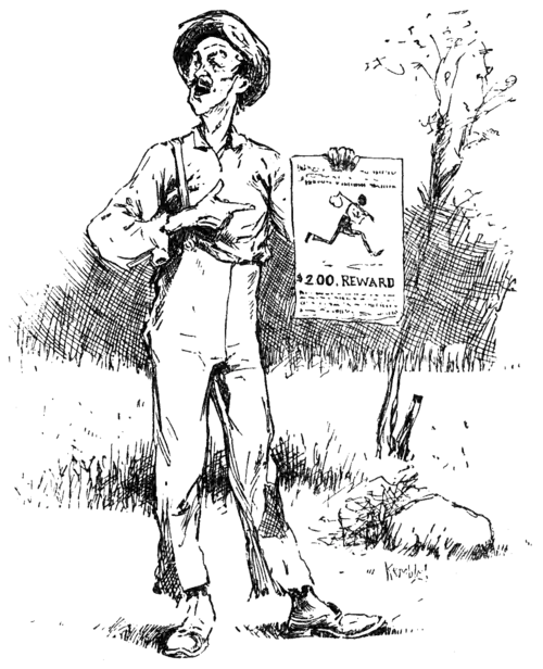 man holding out "reward" poster