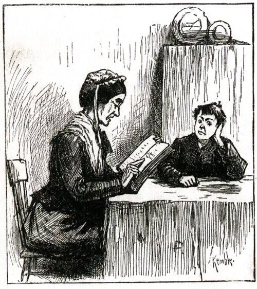 woman and boy sitting at table, woman reading