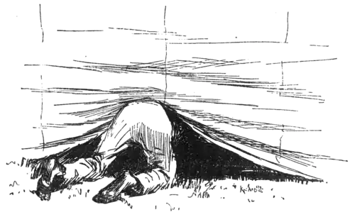 boy crawling under tent flap