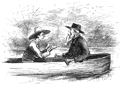 boy and man talking in canoe