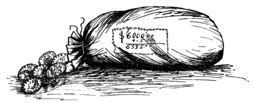 bag of gold coins labeled $6000.00