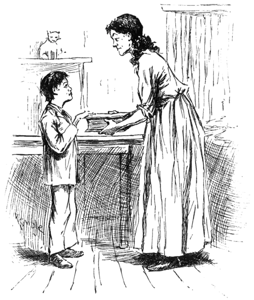 boy with hand on book held by woman