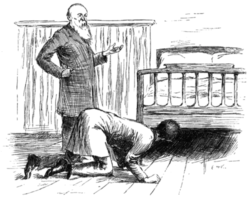 two men, one looking under a bed