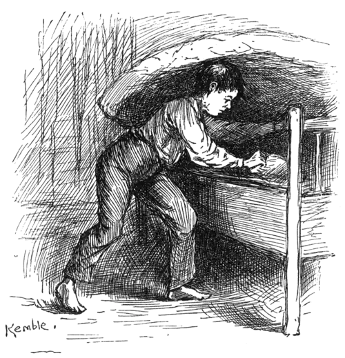 boy taking bag from under mattress