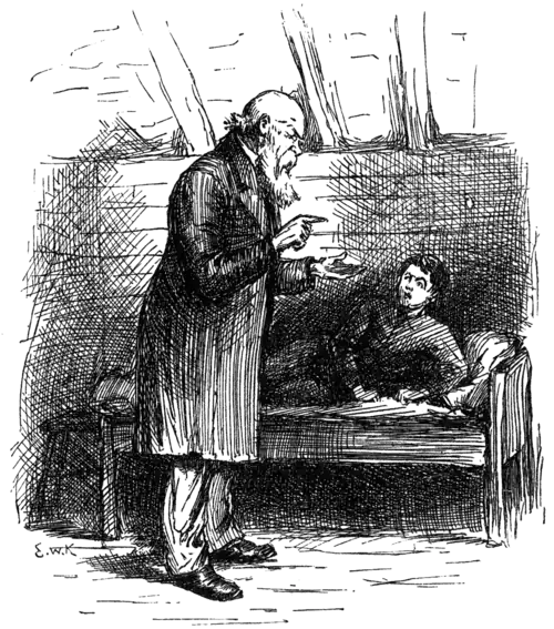 man standing and questioning boy on bed