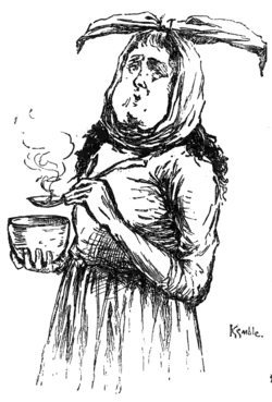 woman with scarf tied on head and swollen jaws, holding cup of something steaming hot