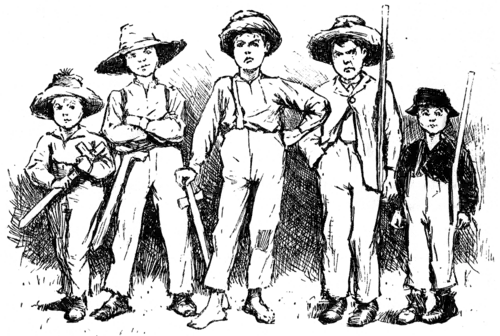 five boys carrying sticks and swords