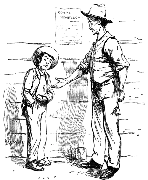 boy reaching into his pocket; man holding out his hand to boy