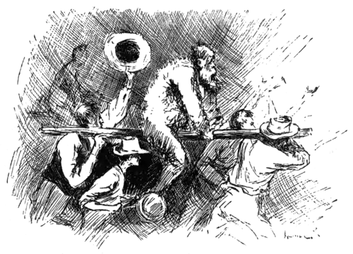 men carrying on a rail a man covered with tar and feathers