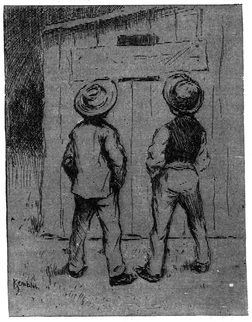 two boys looking at boarded-up window above shed door