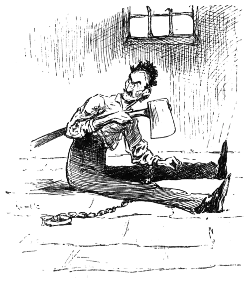 man sitting on floor, holding axe over his chained leg