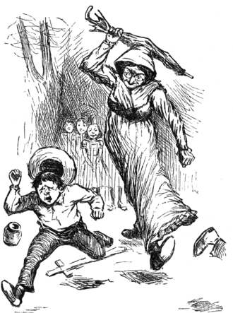 boy runs from lady trying to hit him with a folded umbrella