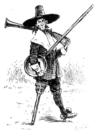 man with wooden leg carrying warming-pan and rifle