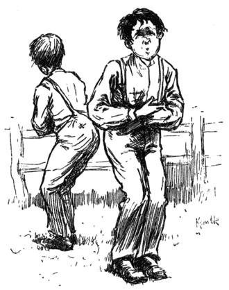 two boys in pain, arms on their stomaches