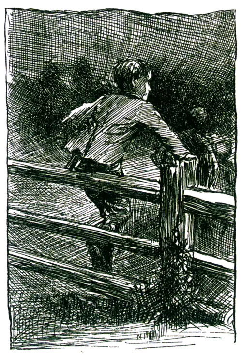 boy with seat of pants caught on fence splinter