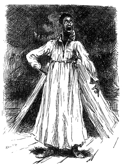 man in dress, shouting, pointing down