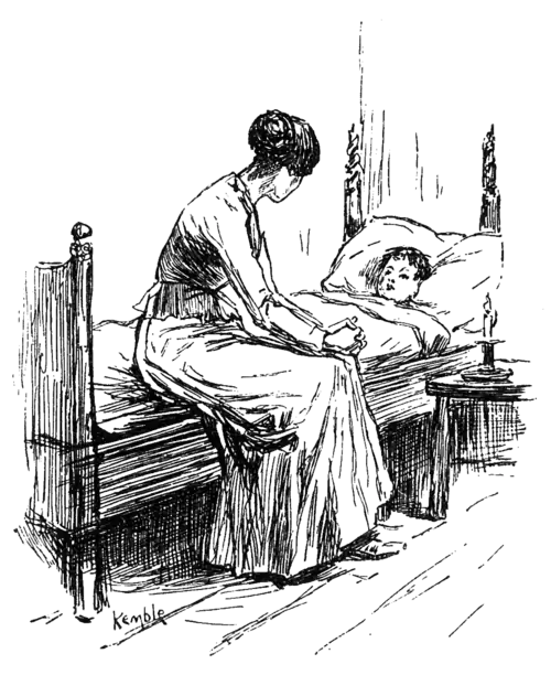 woman talking to boy in bed