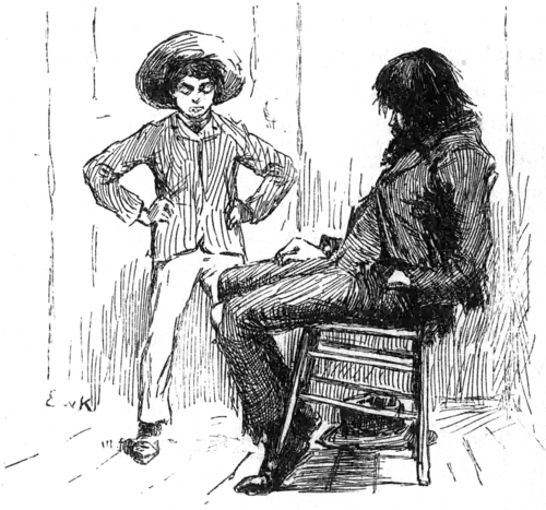 man in chair, boy standing with hands on hips