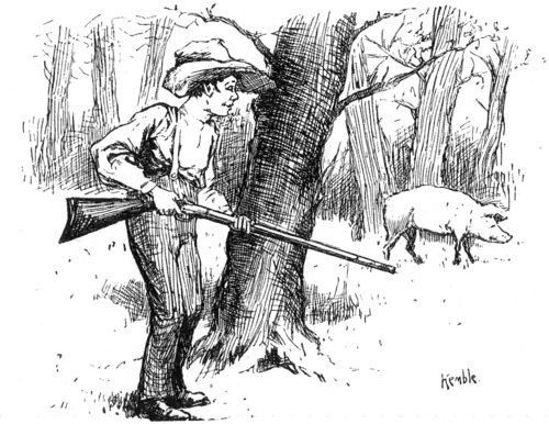 boy with rifle in woods, pig in background