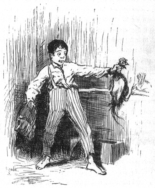 boy holding chicken by its neck