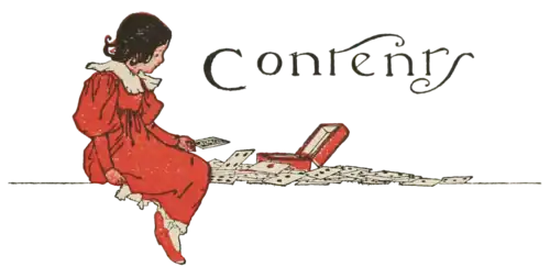 A young girl in a red dress sits in front of an open box with playing cards strewn in front of her. Contents: