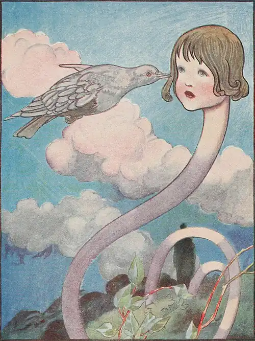 A large pigeon bumps into Alice's face while her long, serpentine neck protrudes from the forest below.