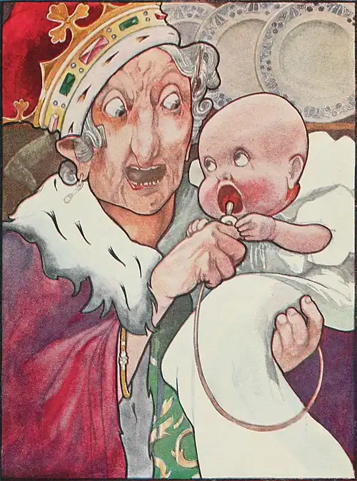 The Duchess, wearing a jewelled crown and a red robe trimmed with ermine, cradles the baby in her left hand while offering it the pacifier in her right.