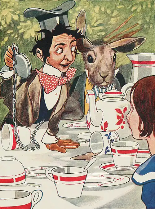 The Hatter, wearing an upside-down top hat and a surprised expression, leans over the messy table, holding his pocket-watch aloft.