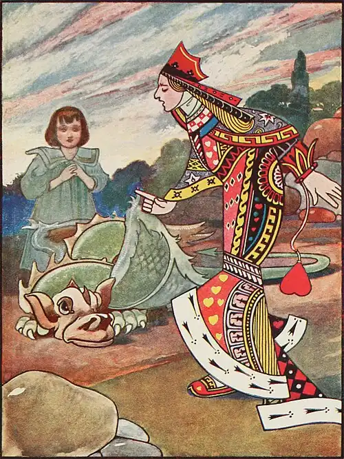 The Queen stands, chiding a green, winged reptile with a brown head and large ears, which looks up at her from the ground with suspicion.