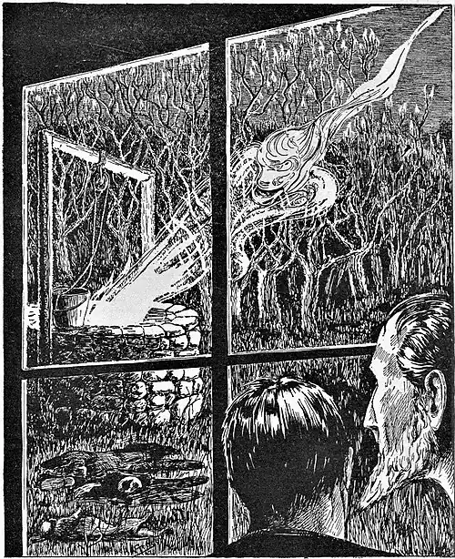 The well on Gardner Farm with a mysterious light emerging.