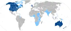Map of the world showing countries in which English is the official language. Where is it an official, but not primary, language is is shown in light blue.