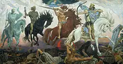 Colour painting of the four horsemen of apocalypse (1887) by Russian painter Viktor Vasnetsov. From left to right: A skeletal rider holding a staff on a thin blue-green horse; A green-brown rider holding weighing-scales on black horse; A rider in a loin-cloth holding a sword on a red-brown horse; A rider with a crown and rich clothing holding a bow, with knocked arrow, on a white horse.