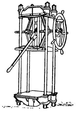 Drawing of a Boomer Press, a tall, four-legged device with a long handle and a wheel near the top.