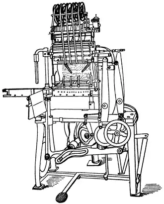 Line drawing of a large, floor-standing sewing machine.